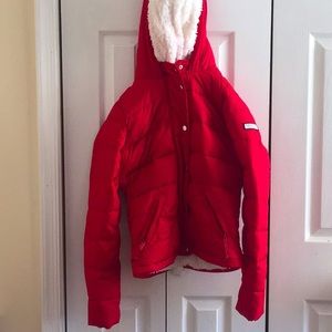 Red hooded winter jacket